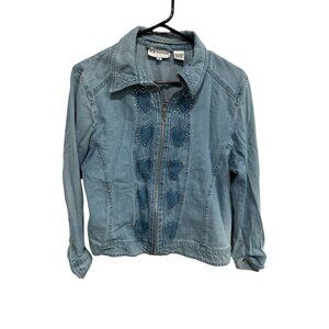 C.D. Petites Rhinestone Details Zip-Up Long Sleeves Casual Denim Jacket Size M